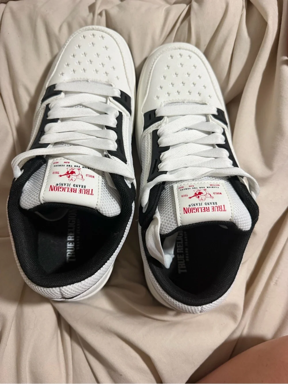 True Religion White and Black Star-Perforated Lace-Up Sneakers